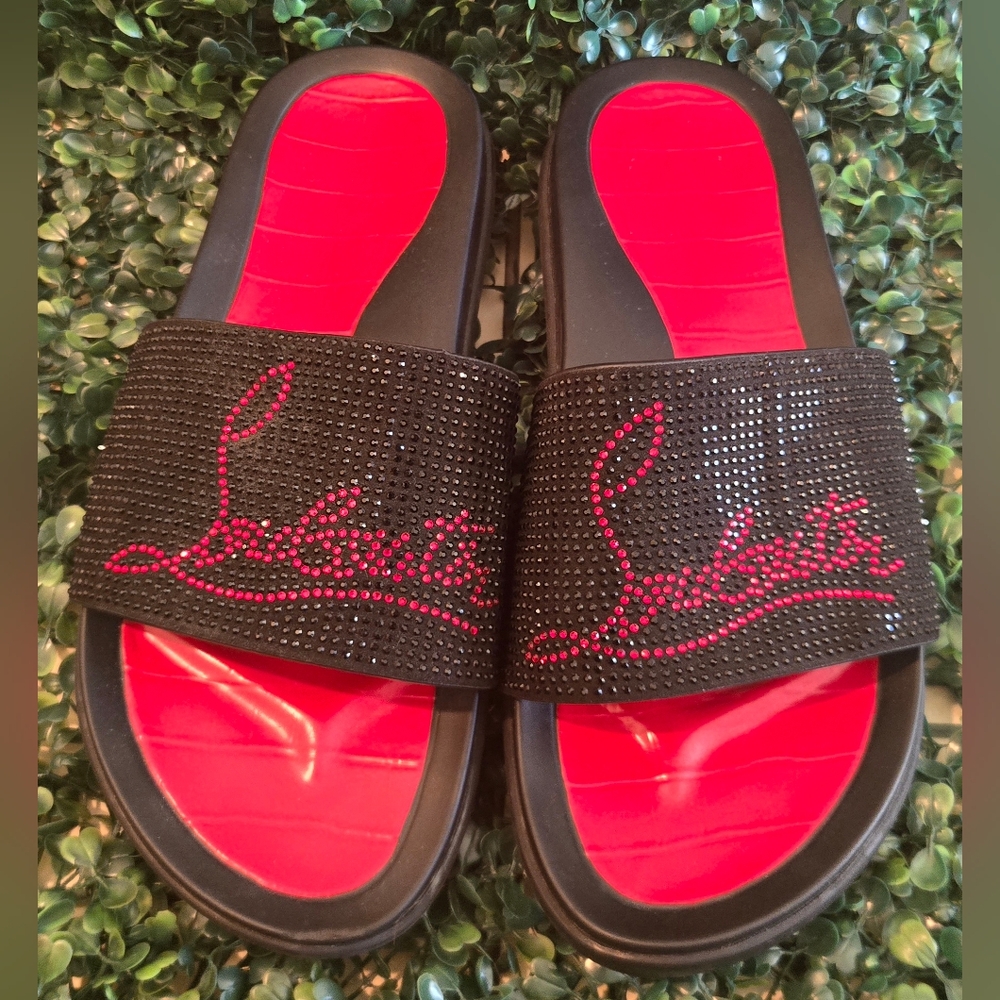 Christian Louboutin Slides  Women Black/Red with Crystal Embellishments